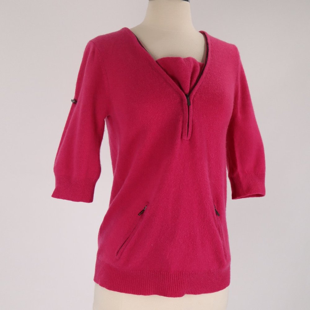 ❄️ BCBG MAXAZRIA Pink Fushsia Warm Cashmere Zippered Pockets Sweater Top Shirt S